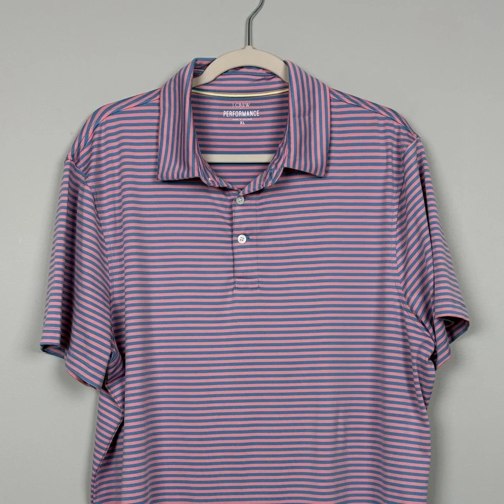 J. Crew Performance Men's Short Sleeve Polo Shirt - Blue and Pink Stripes SZ‎ XL
